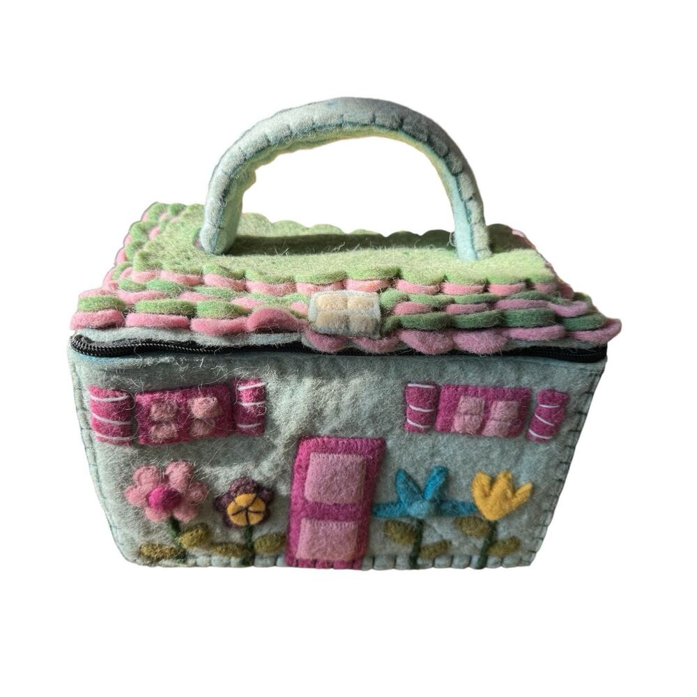 Felt House Zipper Pouch Cottage Floral Handmade Style Storage Bag Festival READ